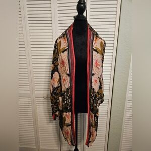 Floral Kimono / Knitted Cardigan with Red Accents